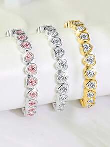 1 件时尚法式优雅简约百搭高端别致实惠热销珠宝闪亮锆石铜镀白金/金色手链，适合任何场合，女士派对珠宝配饰，服装搭配，情人节礼物，妈妈，母亲，母亲节，礼物 - 心形 - 查看 2