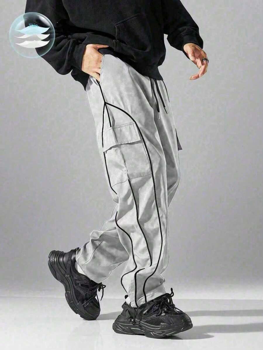 Men Straight Leg Casual Versatile Cargo Pants, For Fall - Silver - View 1