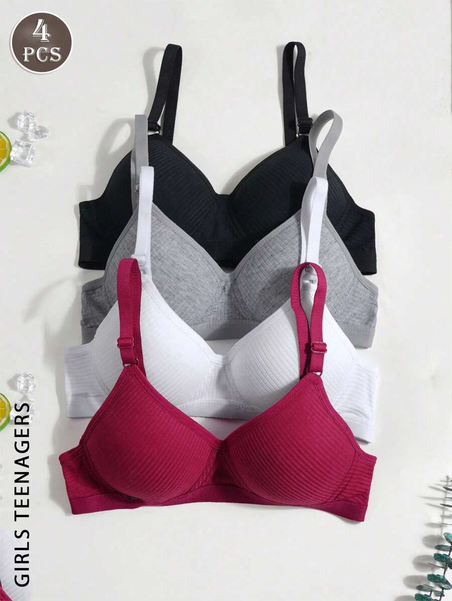 4pcs/Set Ribbed Triangle Cup Bras For Teen Girls, Comfortable & Breathable, Suitable For 13-16 Years Old - Multicolor - View 1
