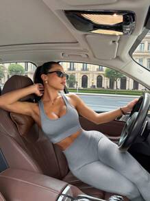 无缝瑜伽基本款运动背心和紧身裤 - 淺灰色 - 查看 2