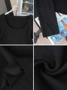 女士轻薄简约方领长袖上衣，修身下摆，春季新品，适合居家、通勤、约会、街头穿搭，时尚百搭黑色 - 黑色 - 查看 8