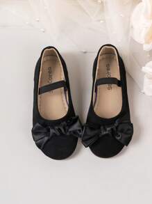 1 Pair Girls' Children Bow Decor Black Velvet Soft Comfortable Round Toe Elastic Slip-On Flat Shoes, Simple & Fashionable For Outdoor, School, Performance, All Season