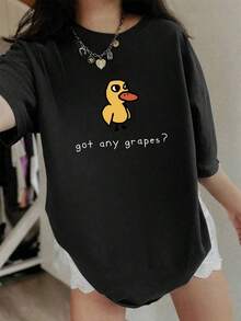 Girls' Playful Duck Graphic Tee - 'Got Any Grapes?' Print With Whimsical Animal Motif For Teens L SOFT COTTON BIRTHDAY TEE - CUTE & COMFY GIFT FOR BIG GIRLS - 黑色 - 查看 1