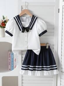 2 Peças Conjunto Camisa com Gola de Marinheiro Listrada e Saia para Meninas Pré-Adolescentes, Conjunto de Roupa Casual Fofa Estilo Escolar