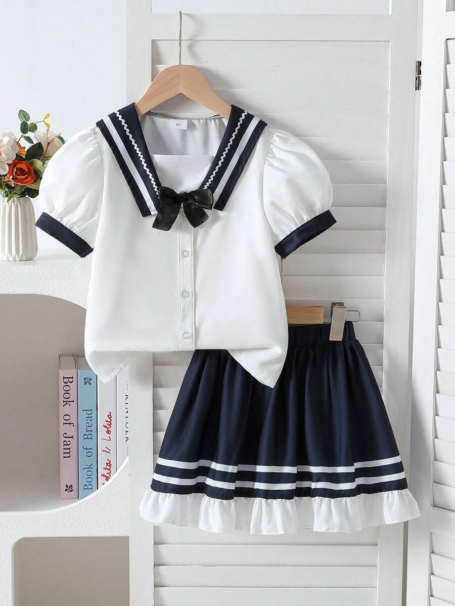 2 Peças Conjunto Camisa com Gola de Marinheiro Listrada e Saia para Meninas Pré-Adolescentes, Conjunto de Roupa Casual Fofa Estilo Escolar