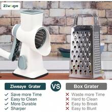 3-In-1 Rotary Food Processor - Manual Cheese Grater & Vegetable Slicer Set With Interchangeable Blades, Professional Grade For Kitchen/Restaurant, Effortless Shredding For Hard Cheese, Nuts, Chocolate Blocks - WhiteBlue - View 2