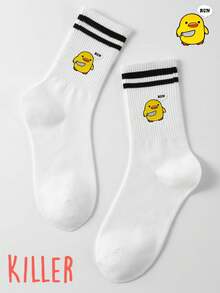 1/5/9 Pairs,Yellow Duck Cartoon Pattern Women's Mid-Calf Socks Set,Women's Fringed Socks,Plush Socks, Fall Clothes,Accessories,Knee High Socks,Halloween Gifts,Stitch Stuff,Christmas Gifts,Black Double Bar - Multicolor - View 2