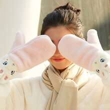 Women Winter Mittens With String Cute Rabbit/Panda Fleece Gloves Plush Warm Mittens For Cold Weather - Pink - View 4