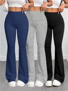 Women's 3-Piece Casual Solid Color Wide-Waist Flare Pants, Leggings Fold-Over Waist High Waist Ruched Slim Fit,Outdoor Clothing Fall Outfits For Women - 黑灰藏藍 - 查看 1