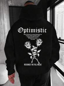 男士秋冬街头时尚乐观玫瑰印花黑色连帽卫衣，长袖上衣 - 黑色 - 查看 6