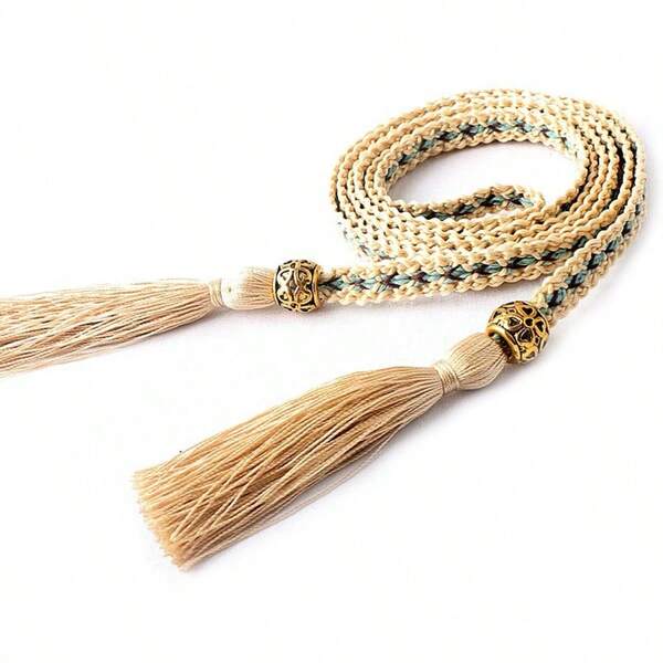 1pc Women's Woven Waist Chain, Simple Versatile Dress Accessory Waist Belt, Knotted Tassel Waist Rope Decor