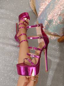 16cm Sexy Pointed Toe Buckle Strap High Heel Fashion Sandals For Women - Hot Pink - View 3