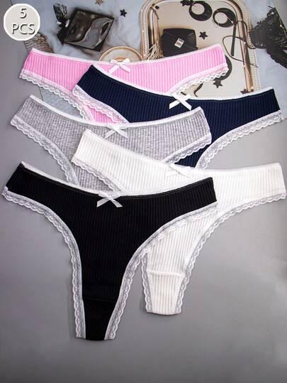 5pcs Women's Multicolor Ribbed High Elasticity Cute Bow Sexy Lace Trim Thong Panties
