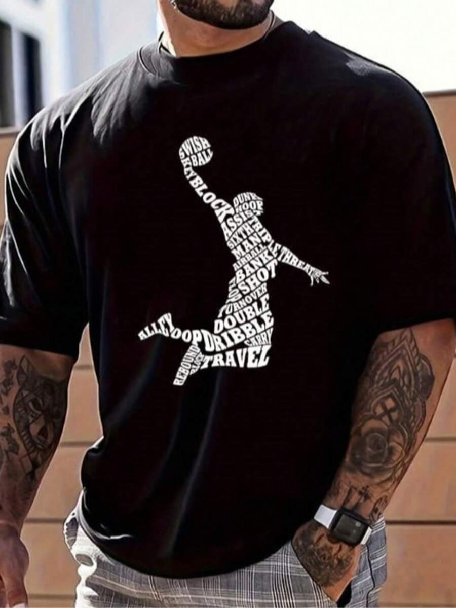 Camiseta Masculina Estampa Basquete Ball  Verão    Ajuste Regular    Nenhum - Preto - Visão 1