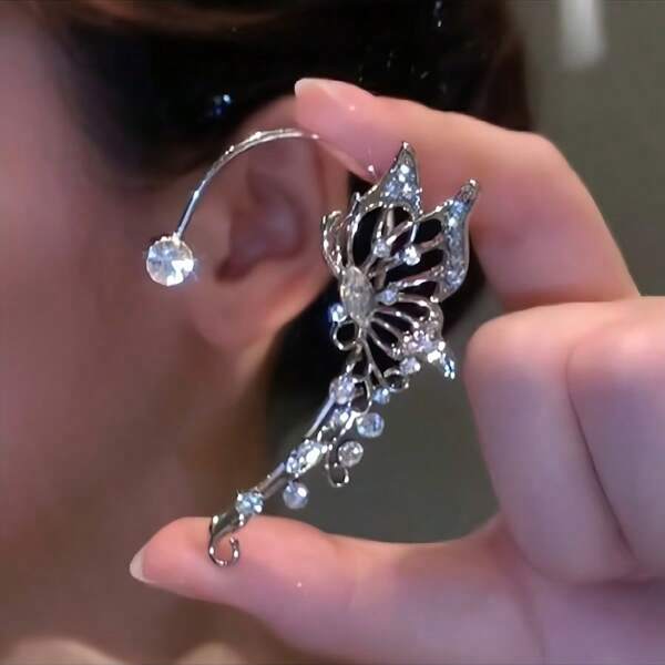1Pc Good-Looking And Practical Fashionable Shiny Butterfly Fairy Earrings, Exquisite Luxury Fairy Ear Climbing Earrings, No Punching Required, Suitable For Women And Girls, Handmade Fantasy Cosplay Elf Ears, Random Styles.