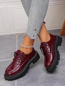 Black Thick Sole British Style Women's Loafers, Versatile JK School Uniform Dress Shoes, Round Toe Lace-Up Platform Mary Janes, Suitable For Students, Holidays, Summer