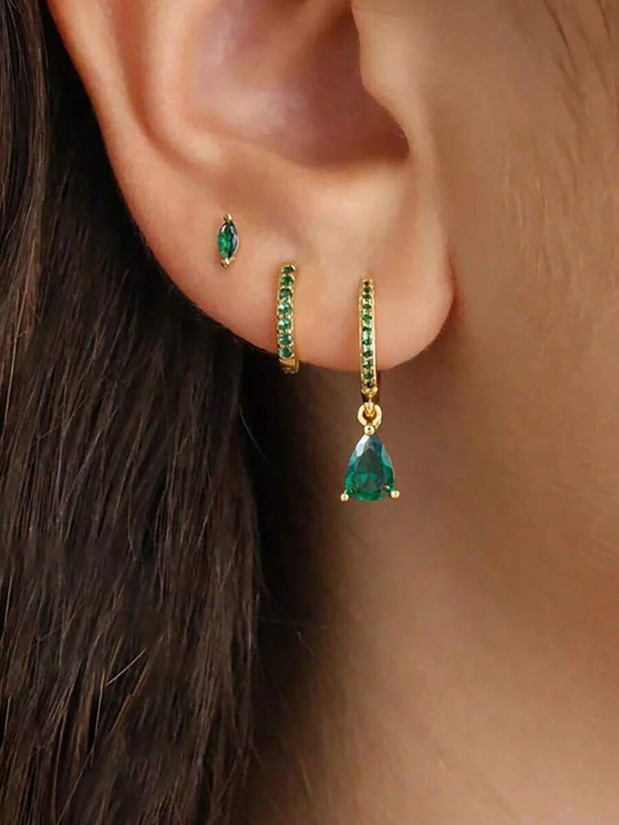 3 件套不锈钢绿色氧化锆水滴耳环套装，适合女士，18K 镀金防过敏耳屏耳轮圈耳钉软骨穿孔首饰，适合日常佩戴 - 金-6 - 查看 1