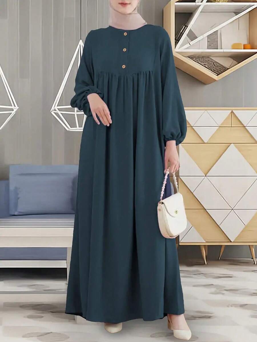 Women's Casual Round Neck Lantern Sleeve Loose Dress Spring Fall - Blue - View 1