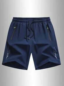 Men's Sporty And Casual Loose Quick-Drying Shorts, With Reflective Strip Design, Pocket, Zipper And Drawstring At The Waist, Suitable For Fitness, Running And Outdoor Activities - Navy Blue - View 3