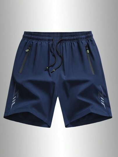 Men's Loose Fit Quick-Dry Sports Shorts With Reflective Stripes, Featuring Pockets, Zipper, And Drawstring Waist, Suitable For Fitness, Running And Outdoor Activities Summer