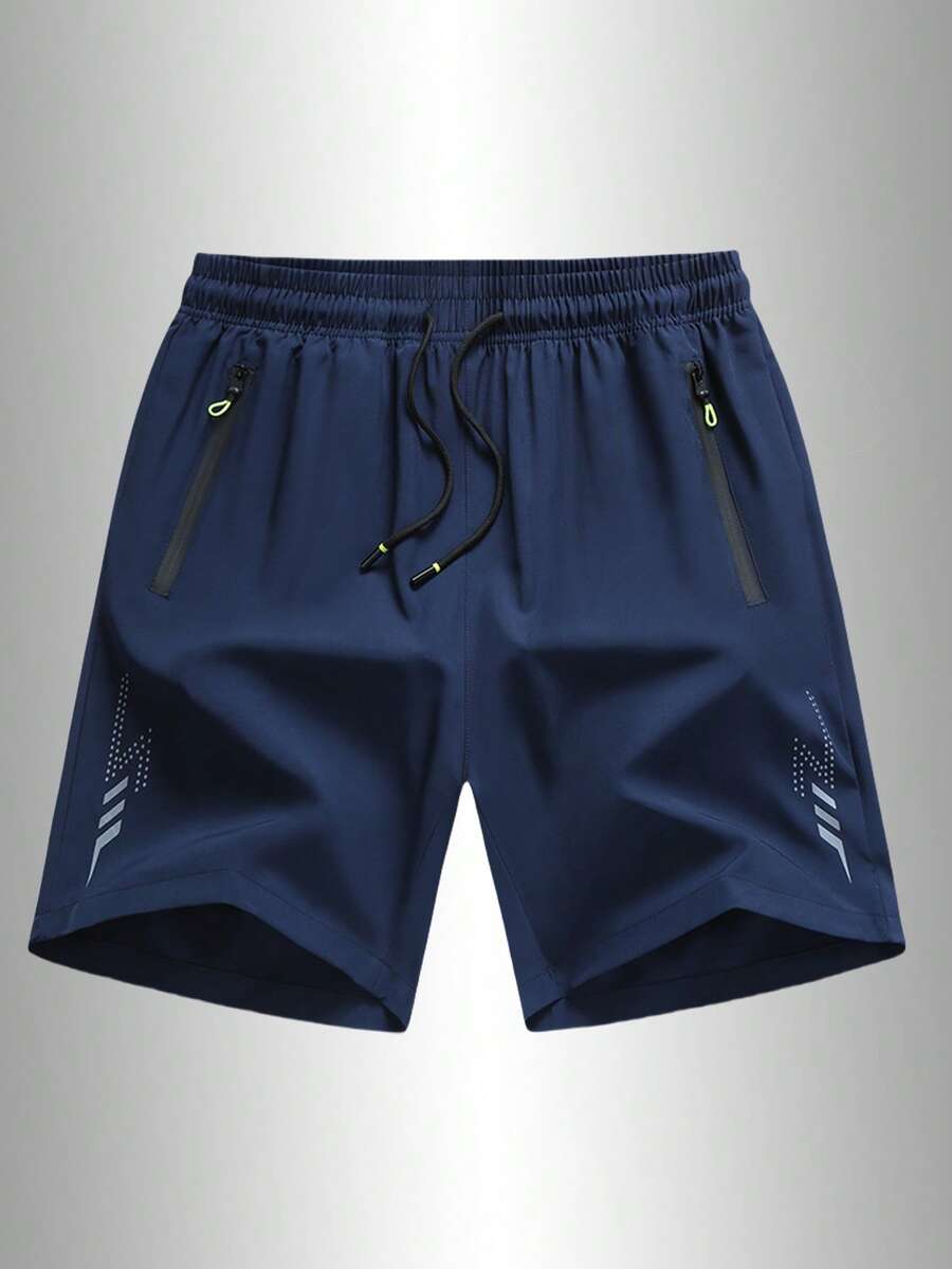 Men's Loose Fit Quick-Dry Sports Shorts With Reflective Stripes, Featuring Pockets, Zipper, And Drawstring Waist, Suitable For Fitness, Running And Outdoor Activities Summer - Navy Blue - View 1