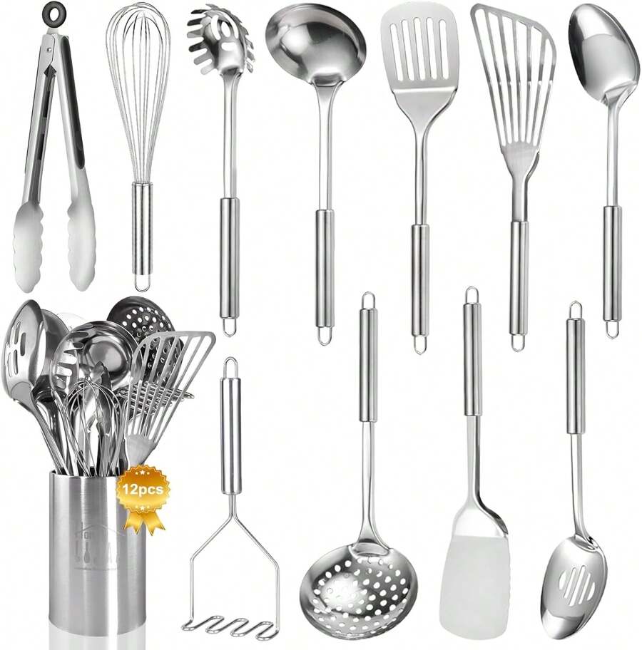 GJL   Stainless Steel Kitchen Utensils Set - 12pcs Cooking Utensils Set With Holder, Heat Resistant Kitchen Tool Set For Cooking With Turners, Potato Masher, Spatula, Spoons, Tongs, Whisk - 銀色 - 查看 1