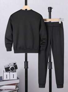 2 件套青少年男孩休闲字母印花羊毛圆领运动衫和裤子套装