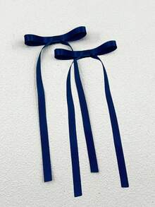 2pcs Ballet Style Long Ribbon Bow Hair Clips, Fashionable & Cute Hair Accessories For Women, Suitable For Any Occasion, Claw Clips, Hair Claws, Hair Slide, Hair Barrettes - Navy Blue - View 2