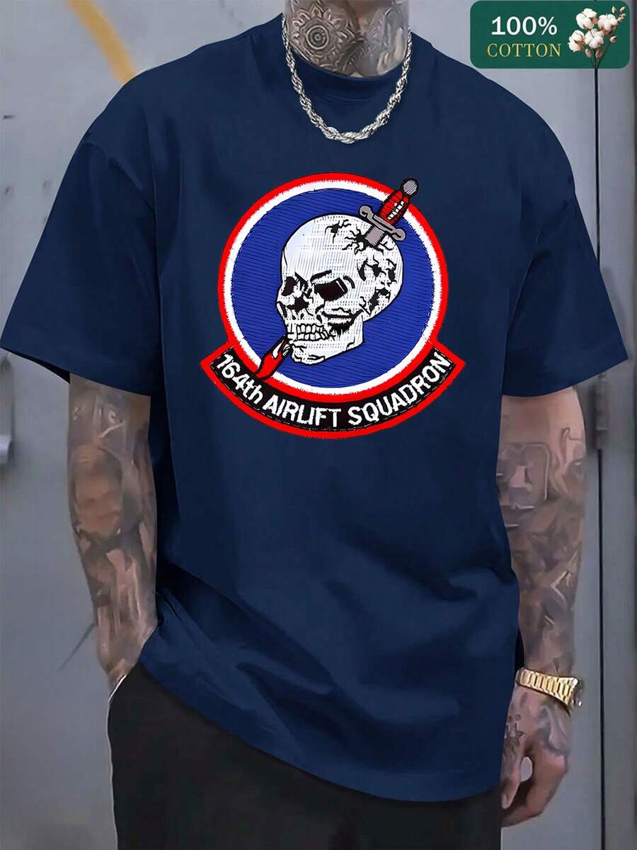 Camiseta de cuello redondo de manga corta 100% algodón unisex con gráfico de la 164th Airlift Ron, camisetas básicas para hombres para el verano - Azul marino - Ver 1