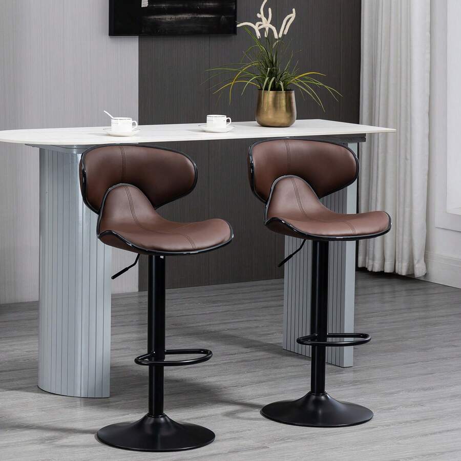 HOMCOM Adjustable Swivel Bar Stools Set Of 2, Barstools With Footrest And Backrest, Steel Frame Gas Lift, For Kitchen Counter Dining Room, Brown - Brown - View 1