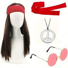 Men's Decorative Wig Set-Wigs, Necklaces, Glasses And Tie-Dye Headbands-Ideal For 70s, 80s And Parties-Disco Style Costumes, Costumes Retro Night Party Dress Up - Multicolor - View 3