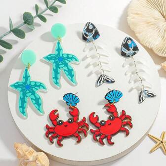1 paar schattige oorbellen met zeesterren van acryl met frisse oceaanelementen, groene delicate schattige zeepaardjeskrab-visgraat oorbellen, geschikt voor dagelijks uitje, strand, feest en sieraden voor vrouwen