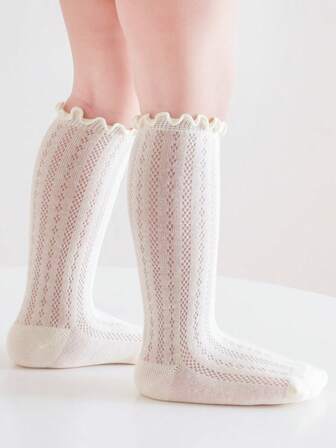 1 Pair Children's Mid-Calf Socks, Yellow Ruffle Edge Mesh All-Match Socks, Suitable For All Seasons, Knee-High For Infants