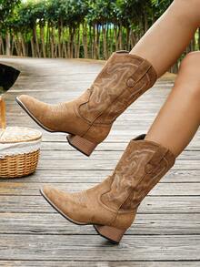 Fall/Winter Women's 2025 Spring/Autumn New Outdoor Fashion Embroidery Patchwork Slip-On Ankle Boots Western Ankle Boots, Boots For Women, Cowboy Boots - Brown - View 5