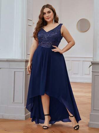 Plus Size Women Sleeveless V-Neck Sequin Chiffon Dress, Evening Gown