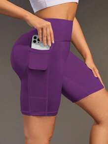 1pc Plus Size Women High Waist Slimming Cycling Shorts, Lightweight Summer Sports Fitness Running Shorts With Side Pockets, Bright Blue Lifting Tight Yoga Shorts