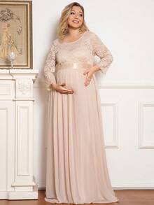 Maternity Solid Color Lace Patchwork Chiffon Elegant Long Sleeve Dress