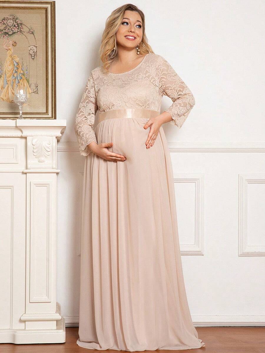 Maternity Solid Color Lace Patchwork Chiffon Elegant Long Sleeve Dress
