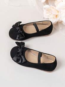 1 Pair Girls' Children Bow Decor Black Velvet Soft Comfortable Round Toe Elastic Slip-On Flat Shoes, Simple & Fashionable For Outdoor, School, Performance, All Season