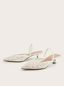 女士纯色蕾丝网眼镂空猫跟鞋，优雅花卉尖头高跟鞋，时尚踝带高跟鞋，正式场合婚礼派对穆勒鞋 - 白色 - 查看 3