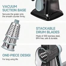 3-In-1 Rotary Food Processor - Manual Cheese Grater & Vegetable Slicer Set With Interchangeable Blades, Professional Grade For Kitchen/Restaurant, Effortless Shredding For Hard Cheese, Nuts, Chocolate Blocks - GreyBlue - View 6