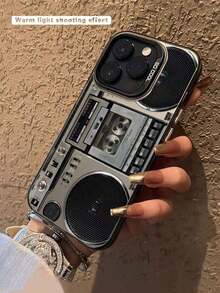 Recorder 1pc Fashionable Cassette Tape Print Shock-Proof Phone Case Compatible With Iphone 11 12 13 14 11Pro Max 12Pro Max 13Pro Max 14Pro Max XR 15 15Pro 15Pro Max, Series - Black - View 5