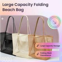 Geantă de plajă ușoară și respirabilă, cu o capacitate mare de peste 11 kg - Geantă de plajă din plasă, design cu buzunare multiple, pliabilă, rezistentă la decolorare, cu curea de agățare, potrivită pentru piscină, călătorii, cumpărături, stil casual, esențială pentru vacanța de vară