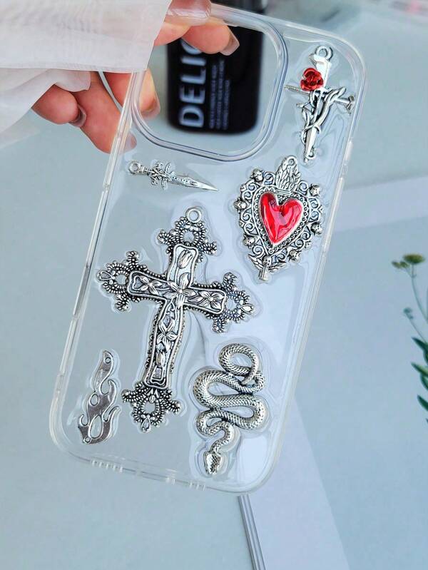 Luxury Vintage Ruby Gothic Cross Dark Drip Glue Animal Snake Red Rose Transparent Soft Phone Case Compatible With IPhone 17/17 Air/17 Pro/17 Pro Max/13 Pro Max/14 Pro Max/15 Pro Max/16 Pro Max/15 Pro/14 Pro/13 Pro/12 Pro/11/12/13/14/15/16/16e/13 Mini/12 Mini/7/8