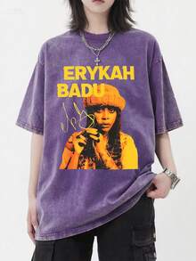 EWH 100% Pure Cotton, Make Old,Retro , Erykah Badu Character Print Vintage Casual Crewneck Top Women's Distressed Cotton T-Shirt,DG004, 230g Round-Neck T-Shirt, Wash Water, Unisex - 紫色 - 查看 2