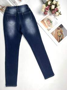 Winter Warm Thick Mid Waist Washed Elastic Skinny Jeans For Office Work Daily Wear - Blue - View 7