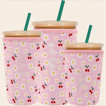 Gym Accessory For Women – Cute Cherry & Daisy Water Bottle Holder 3 Pack, Reusable Neoprene Fits Large Sports Bottles, Great For Yoga, Pilates & Hiking