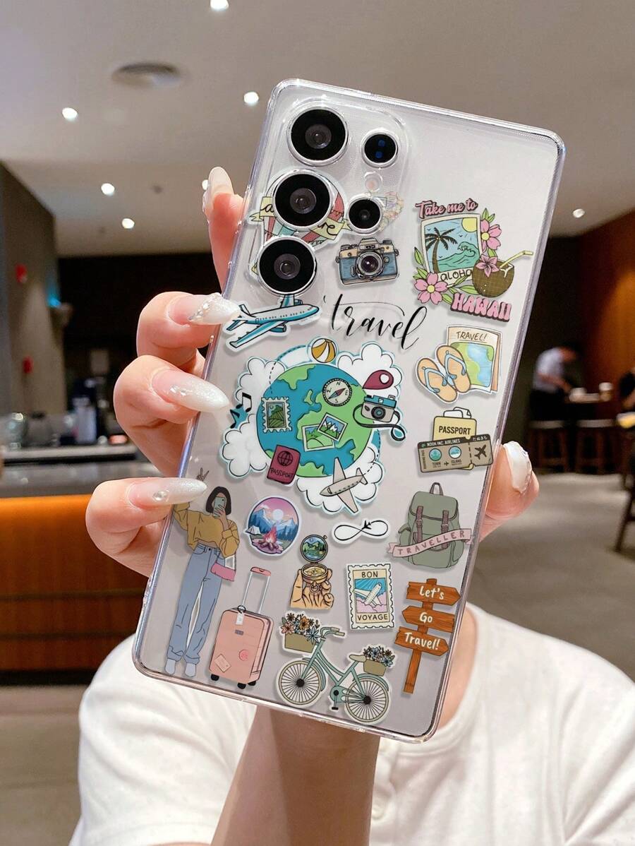 1pc Creative Vacation Style Airplane, Camera, Girl, Road Sign Pattern Transparent Soft TPU Phone Case, Anti-Scratch, Anti-Fingerprint, Camera Lens Protection, Compatible With Samsung, Nothing, Pixel, INFINIX, Redmi Waterproof Shockproof Anti-Fall - Multicolor - View 1