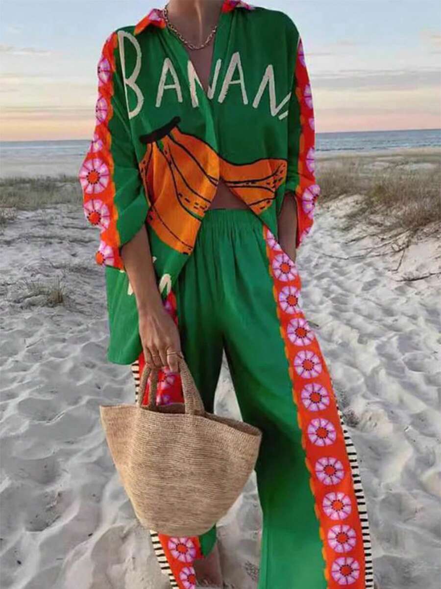 Womens Holiday Style Set Set 2 Piece Print PJs Soft Loungewear Button Down Sleepwear With Elastic Waist Long Pants - 綠色 - 查看 1