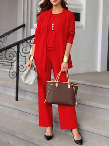 Bộ đồ nữ cỡ lớn 3 món màu trơn, phong cách thường ngày: Áo khoác/áo cardigan + Áo không tay cổ tròn + Quần ống đứng cạp chun, chất liệu mềm mại, co giãn, dáng rộng, thoải mái khi đi làm, thanh lịch cho mùa xuân/thu/đông. - Đỏ - Xem 3